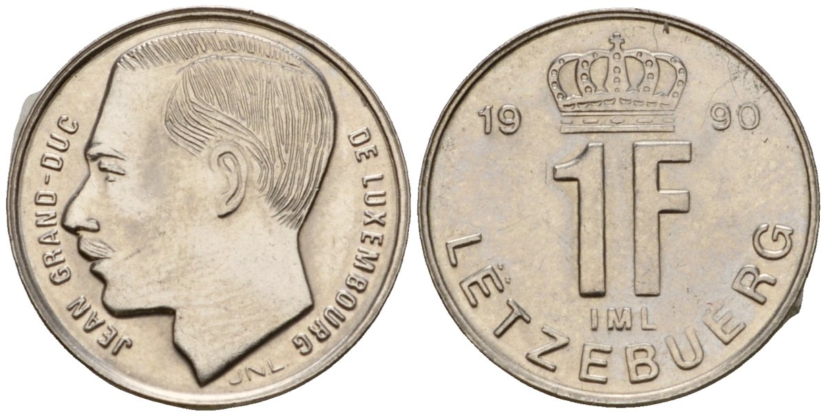 Люксембург 1 франк 1990 Герцог Жан (1964-1999) KM 63 сталь плакированная никелем 4602-156