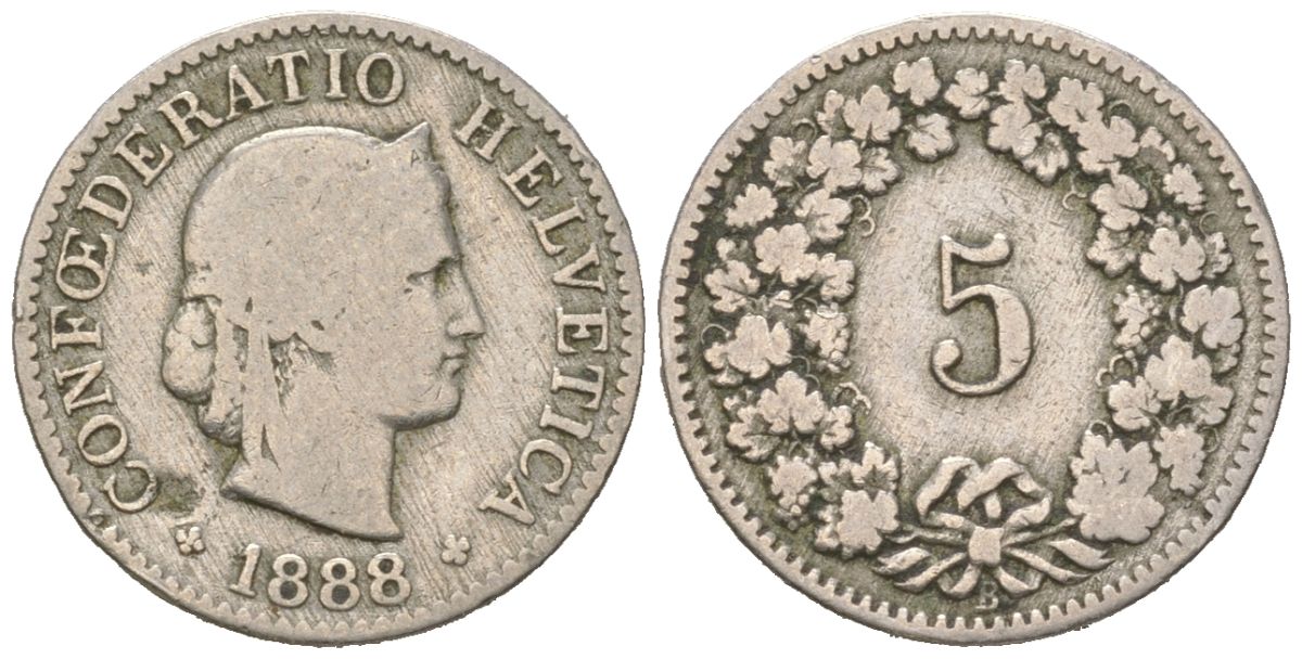 Швейцария 5 раппенов 1888 B KM 26 медно-никель 4158-531
