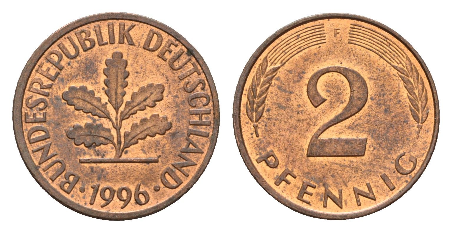 Германия 2 пфеннига 1996 F J.381a, KM 106a сталь плакированная медью 4630-427