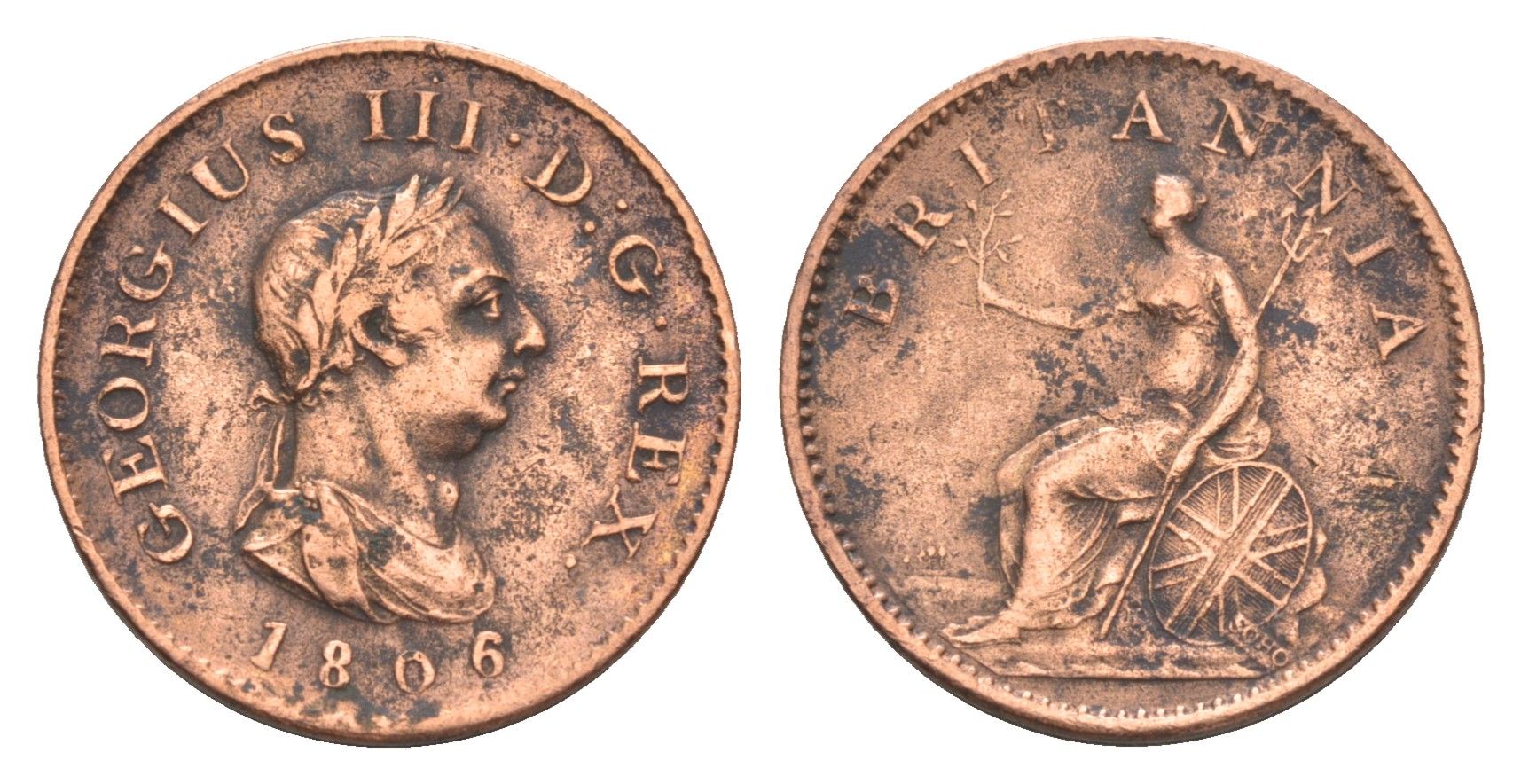 Великобритания 1 фартинг 1806 Георг III (1760-1820) KM 661, Spink 3782 медь 3711-825