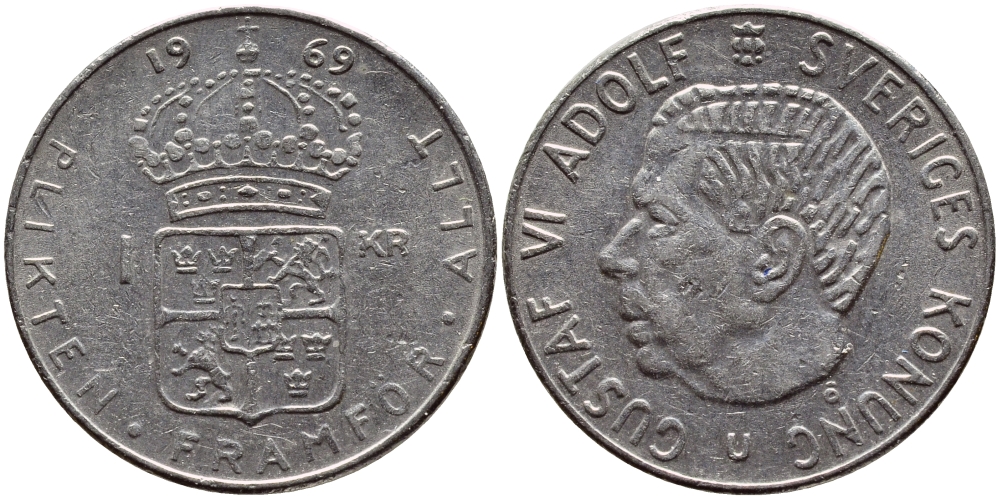 Швеция 1 крона 1969 Густав VI Адольф (1950-1973) KM 826a медь плакированная медно-никелем 4388-732