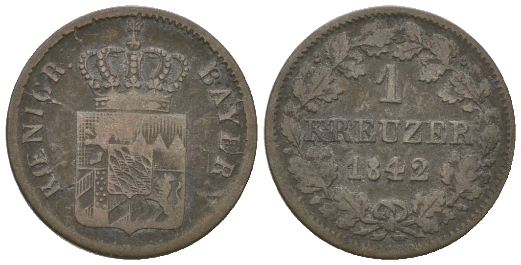 Бавария 1 крейцер 1842 Людвиг I (1825-1848) KM 422, AKS 88 серебро 4615-1243