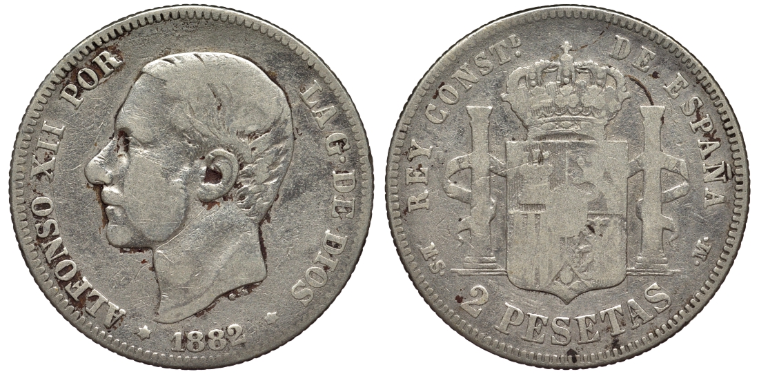 Испания 2 песеты 1882 MS-M, Альфонсо XII (1874-1885) KM 678 серебро 4566-645