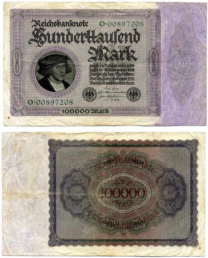 Германия 100000 марок 1923 1 февраля 1923, выпуск (март 1923-5 июля 1925), номер восьмизначный, серия O 00897208 Pick 83, Роземберг 82а бумага 8595-22-1-2