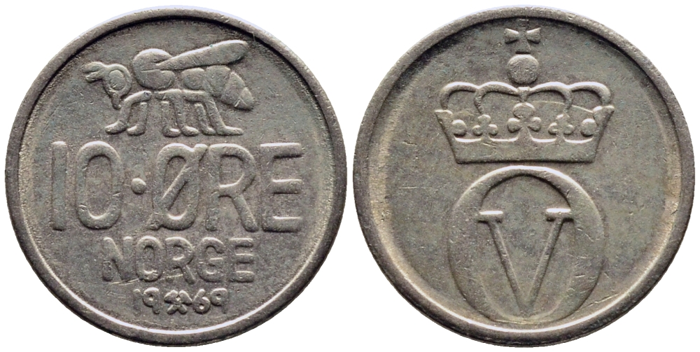 НОРВЕГИЯ 10 ЭРЕ 1969 ПЧЕЛА KM 411 медно-никель 4387-822