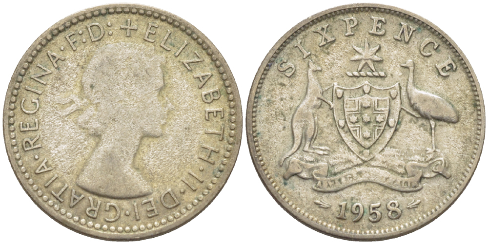 АВСТРАЛИЯ 6 ПЕНСОВ 1958 m, ЕЛИЗАВЕТА II (1953-), ГЕРБ АВСТРАЛИИ, ПРОБА 500, ДИАМЕТР 28,5 ММ. KM 58 серебро 75-1456