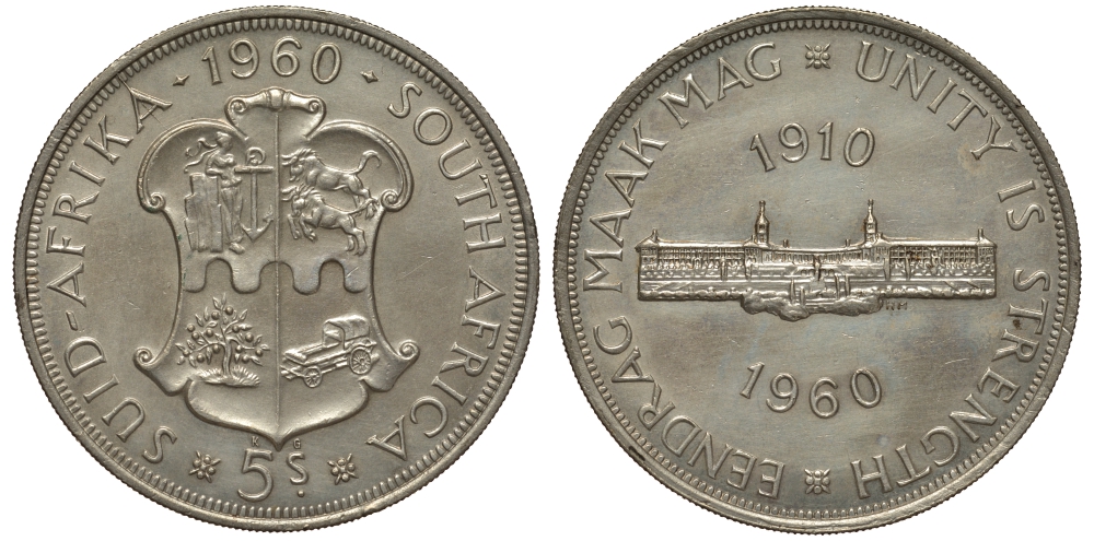 ЮАР 5 шиллингов 1960 50 лет Южноафриканскому союзу KM 55 серебро 650-243