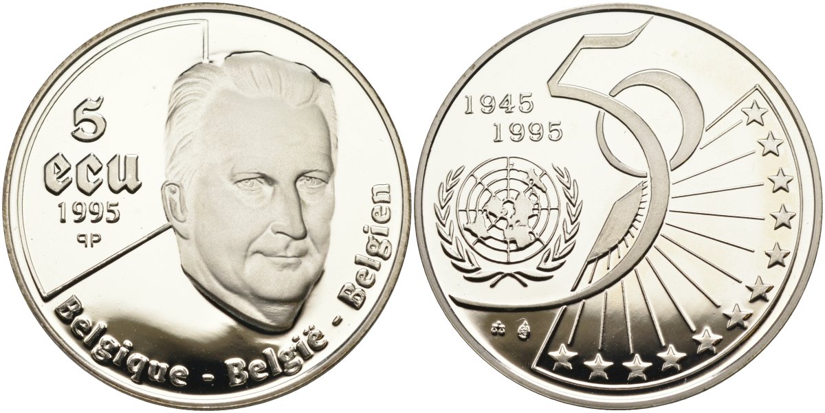 Бельгия 5 экю 1995 50 лет ООН, Король Альберт II, в коробке, сертификат KM 200 серебро PROOF 3-4-7-24