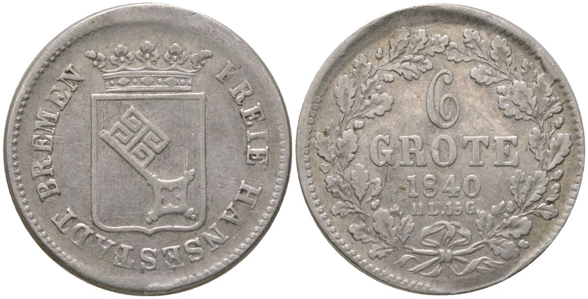 Бремен 6 гротенов 1840 KM 231 серебро 4525-127