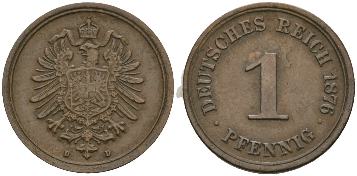Германия 1 пфенниг 1876 D, Вильгельм I (1871-1888) KM 1, J. 1 медь 4608-549