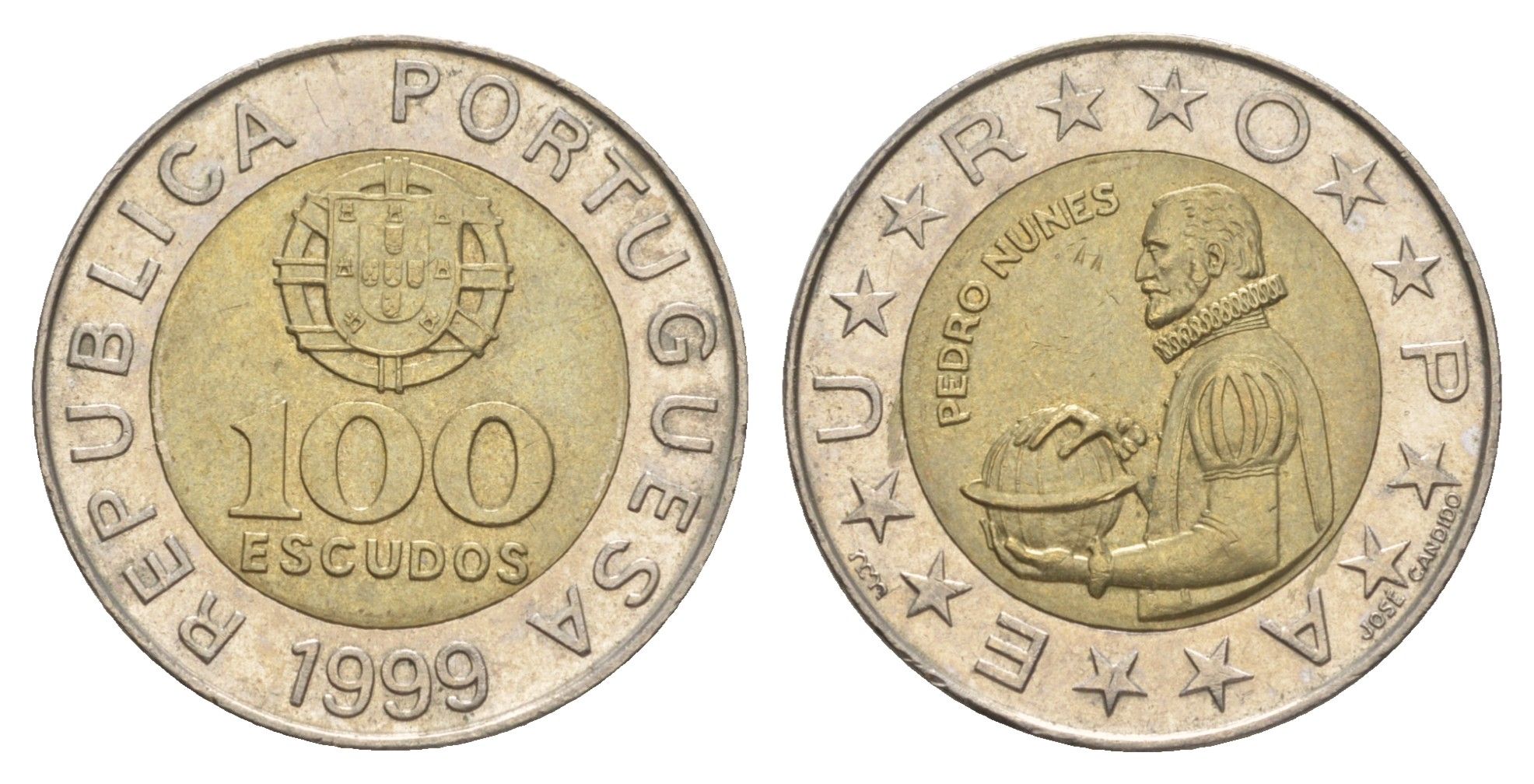 Португалия 100 эскудо 1999 Педру Нуниш (1502-1578), математик KM 645 биметалл 4391-1133