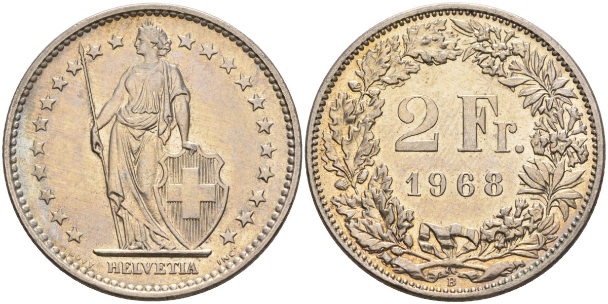 Швейцария 2 франка 1968 B KM 21a медно-никель 4607-612