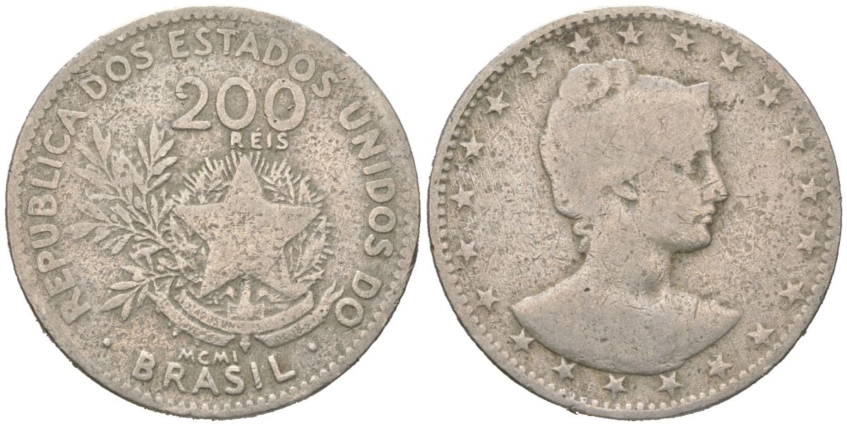 Бразилия 200 реалов 1901 MCMI, голова свободы вправо KM 504 медно-никель 4612-152