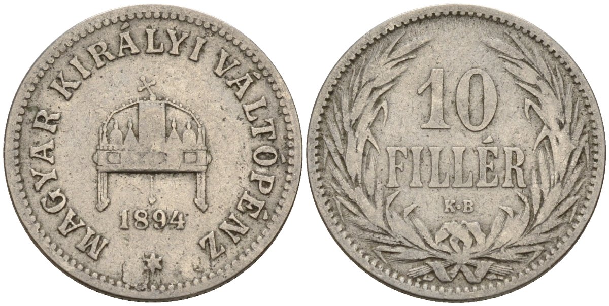 Венгрия 10 филлеров 1894 KB, Франц Иосиф I (1848-1916) KM 482 никель 4151-1059