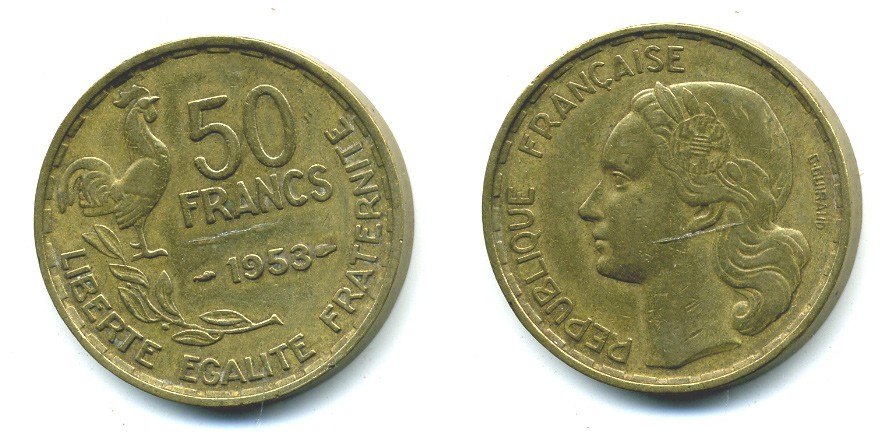 ФРАНЦИЯ 50 ФРАНКОВ 1953 KM 918.1 алюминиевая бронза 29-357