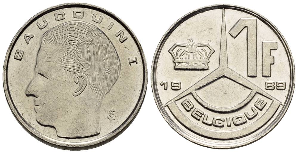 Бельгия 1 франк 1989 Belgique, Бодуэн I (1951-1993) KM 170 железо плакированное никелем 4528-1035