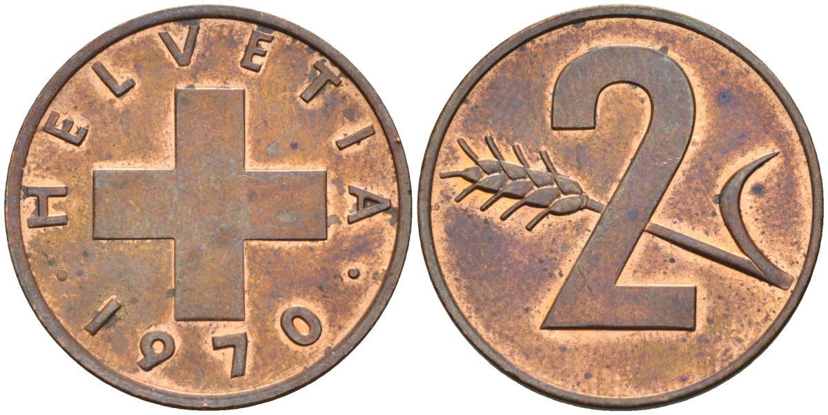 Швейцария 2 раппена 1970 KM 47 бронза UNC 4592-727