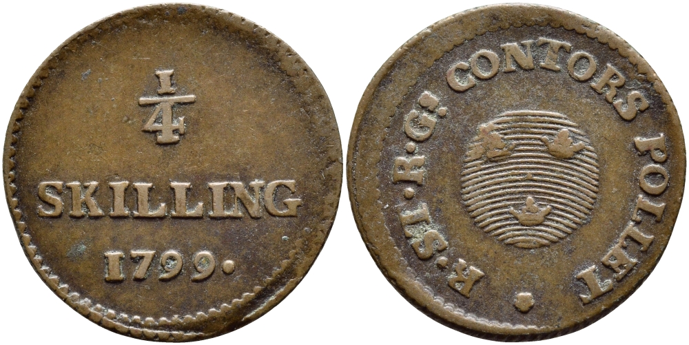 ШВЕЦИЯ 1/4 СКИЛЛИНГА 1799 ГУСТАВ IV АДОЛЬФ (1792-1809) KM 548 медь 4396-226