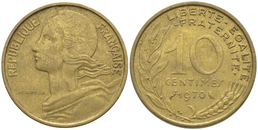 ФРАНЦИЯ 10 САНТИМОВ 1970 ТИП MARIANNE KM 929, LE FRANC 144.10 медь алюминий никель 116-118