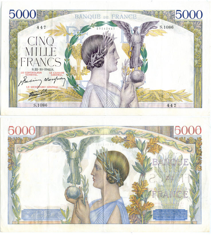 Франция 5000 франков 1942 22 октября 1942 S Pick 97с бумага 000-00-00