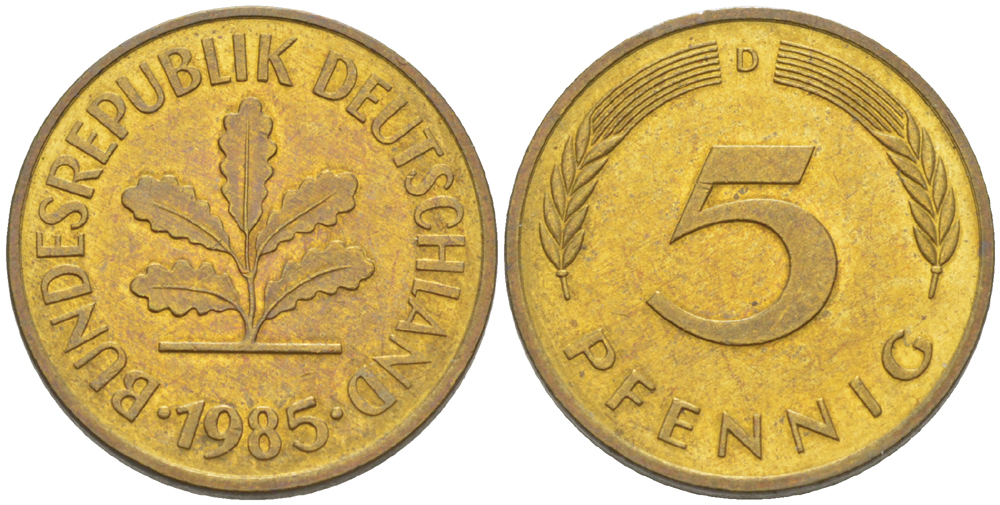 ФРГ 5 ПФЕННИГОВ 1985 D KM 107, J. 382 сталь плакированная латунью 4181-1022