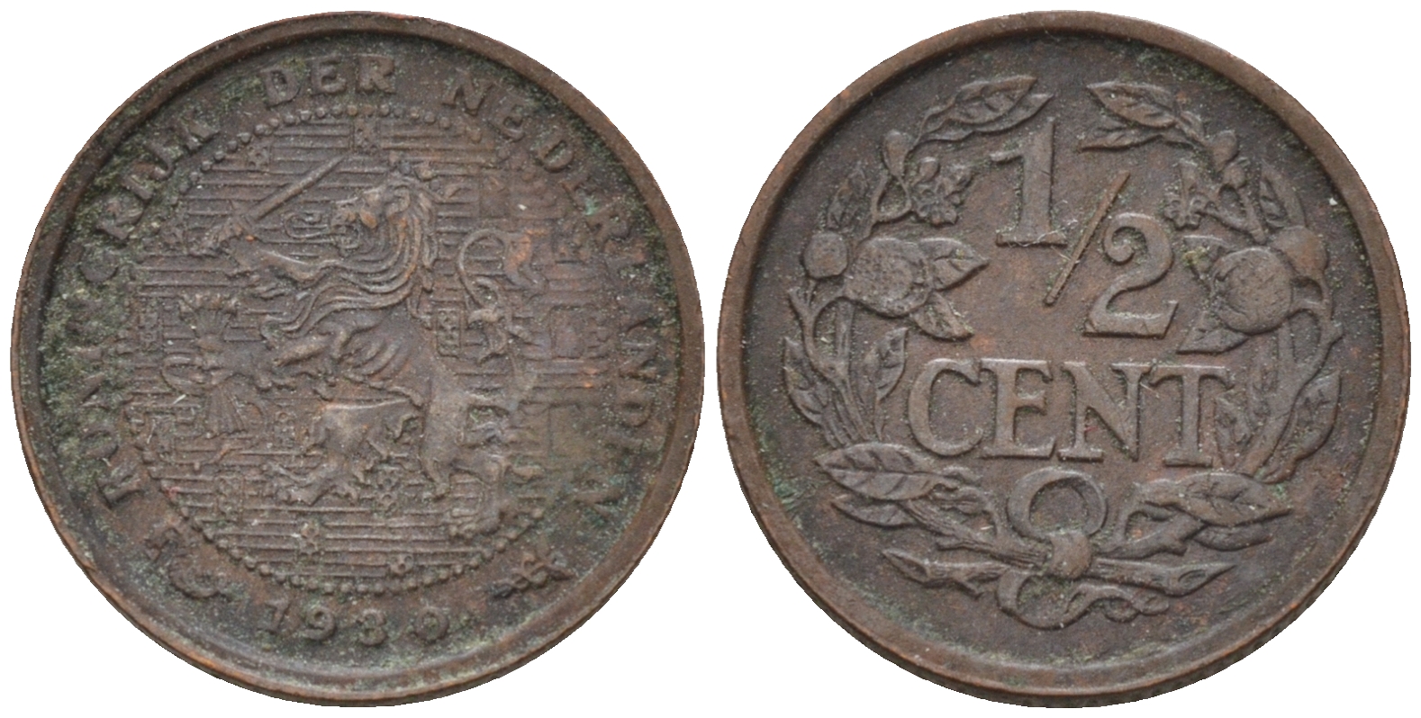 Нидерланды 1/2 цента 1930 Вильгельмина (1890-1948) КМ 138 бронза    4174-533