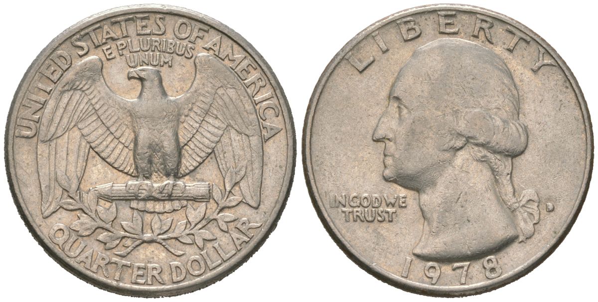 США 25 центов (квотер) 1978 D, Вашингтон KM A164a медь плакированная медно-никелем 4604-1155