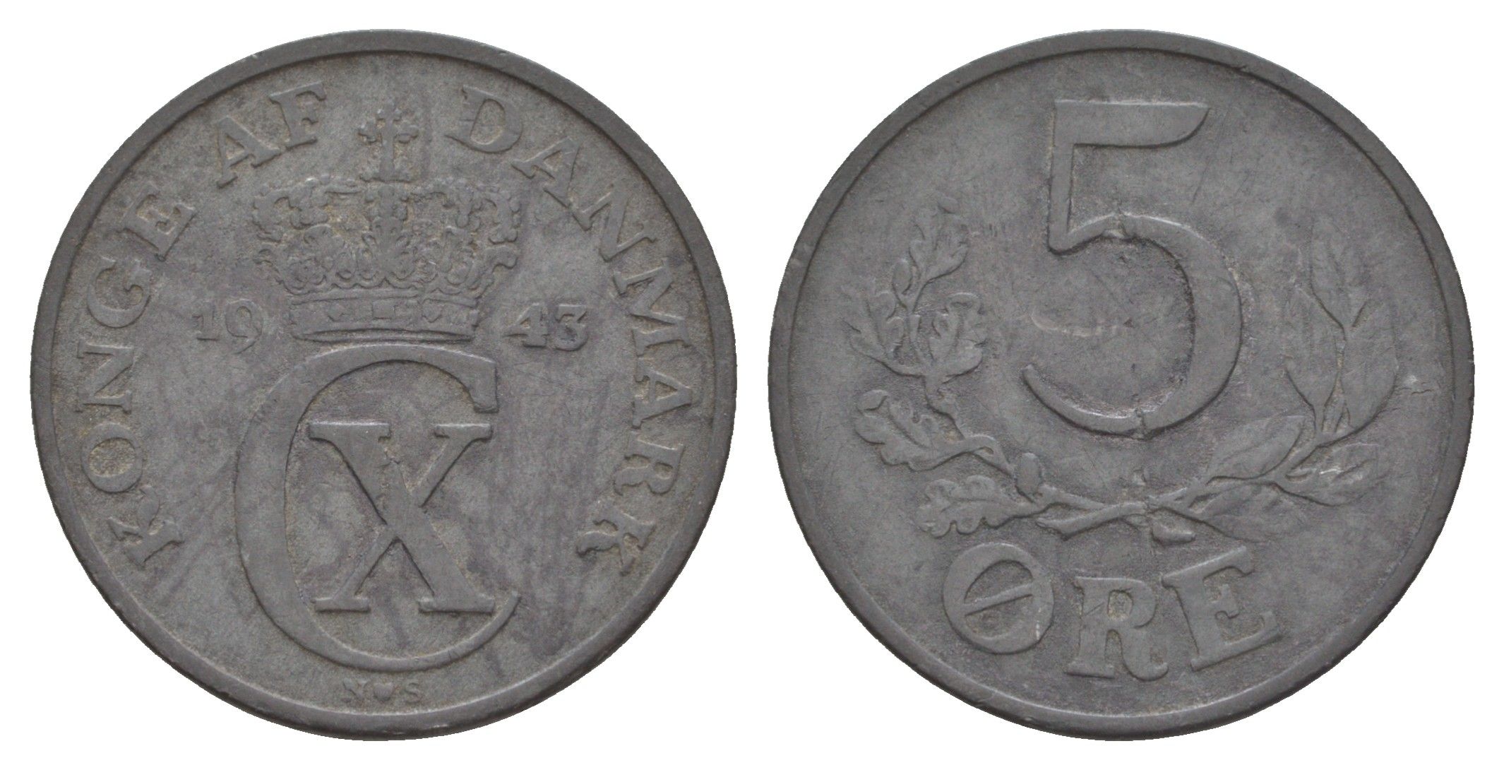 Дания 5 эре 1943 N, Кристиан X (1912-1947) KM 834a цинк 4657-312