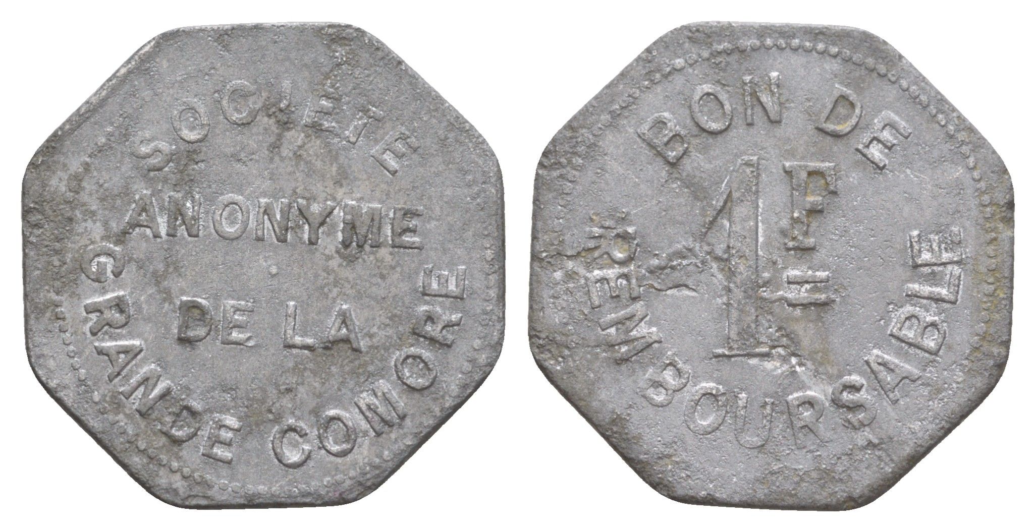 Великие Коморы (Коморские Острова) торговый жетон 1 франк ND (1915) Анонимное общество Гранд-Комора KM Tn3 алюминий 1524-224