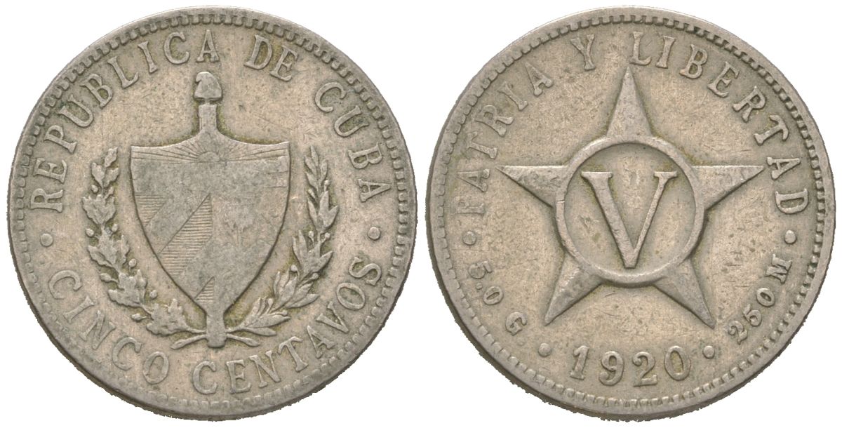 Куба 5 сентаво 1920 звезда, республика (1915-1961) KM 11.1, Y 5, Schoen 5 медно-никель 4615-911