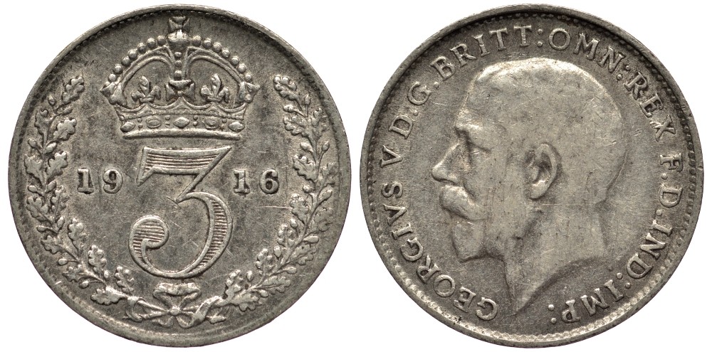 Великобритания 3 пенса 1916 Георг V (1910-1936) KM 813, Spink 4015 серебро 4528-441