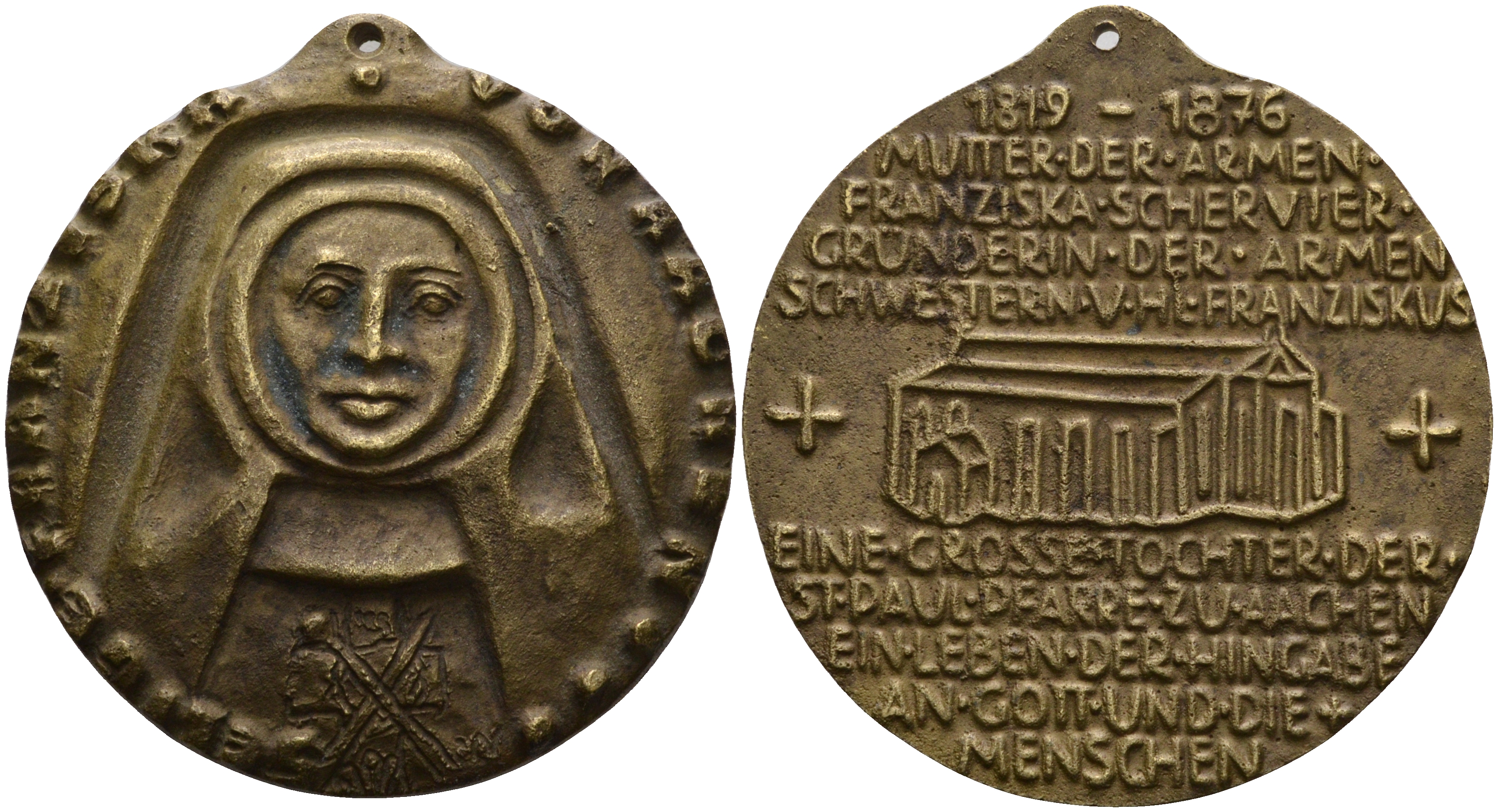 ГЕРМАНИЯ МЕДАЛЬ 1876 (1819-1876) НА СМЕРТЬ СЕСТРЫ ФРАНЧЕСКИ, МАТЕРИ НАСТОЯТЕЛЬНИЦЫ АРМЯНСКОЙ ЦЕРКВИ ГОРОД ААХЕН, ДИАМЕТР 55 ММ. ВЕС 67,1 ГР. бронза 1097-2-13