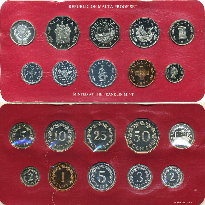Мальта набор из 10 монет 1979 в запайке, в оригинальной коробке, с сертификатом, тираж 6577 экз. KM PS 7, KM (5-12, 29b, 51) серебро PROOF 2-6-3-09