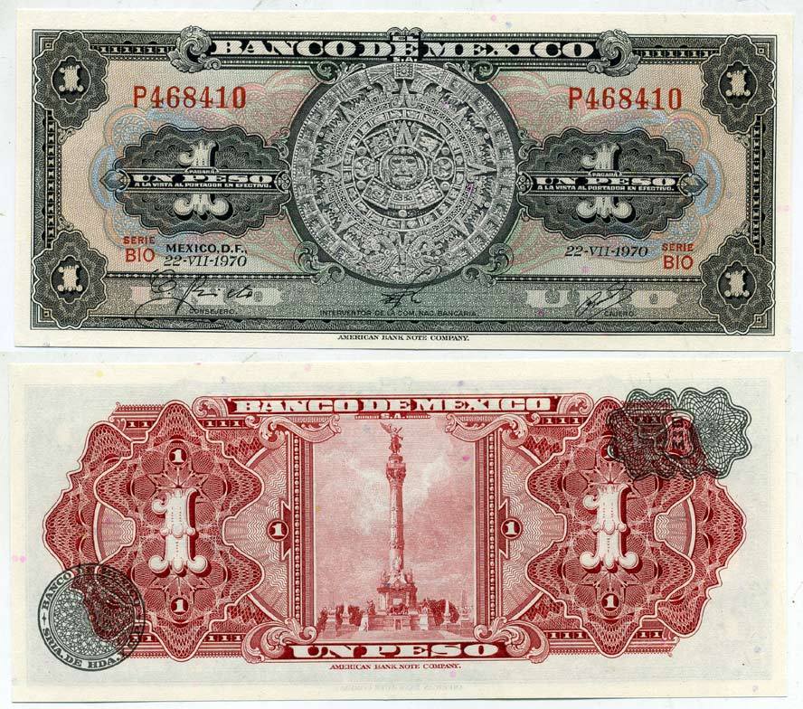Мексика 1 песо 1970 22 июля 1970, Ацтекский календарь Pick 59l бумага UNC (пресс) 6266-41-4-1
