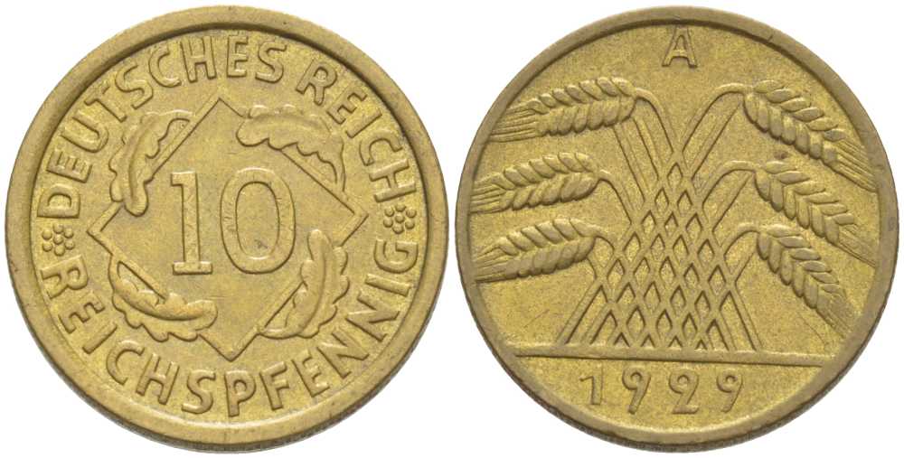 ГЕРМАНИЯ 10 РЕЙХСПФЕННИГОВ 1929 A KM 40, J. 317, Weege 9 алюминиевая бронза 210-356