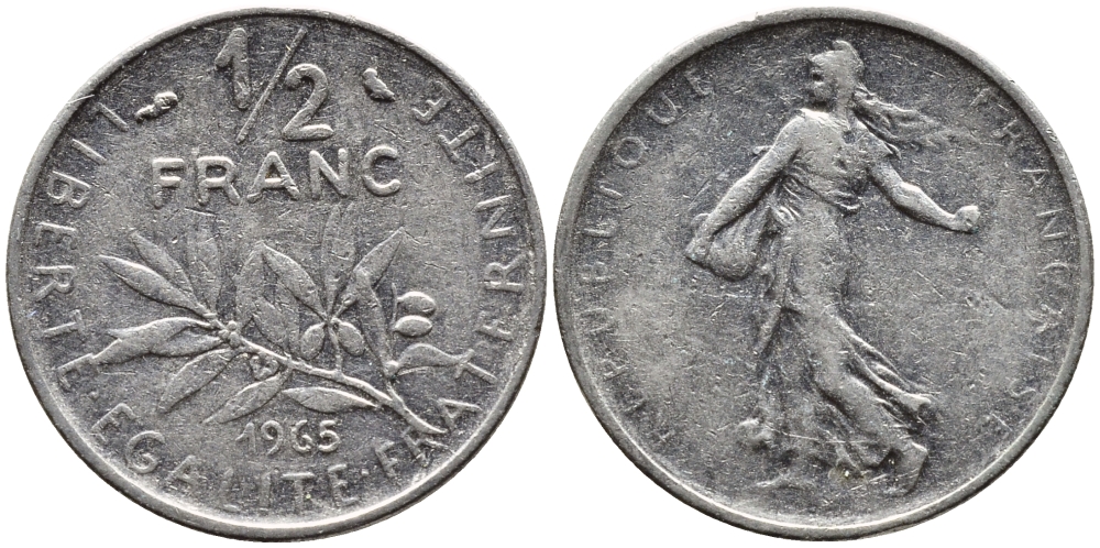 Франция 1/2 франка 1965 сеятель KM 931, Le Franc 198.3 никель 4392-461