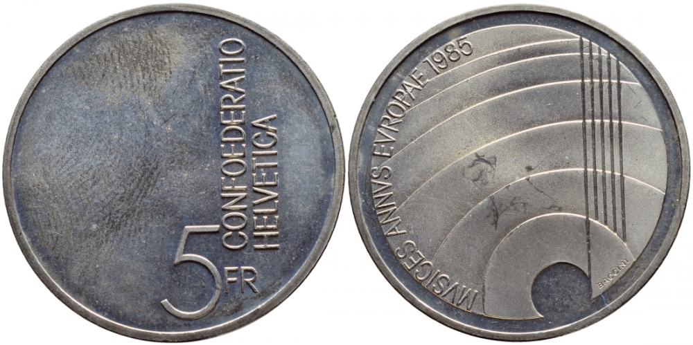 ШВЕЙЦАРИЯ 5 ФРАНКОВ 1985 ЕВРОПЕЙСКИЙ ГОД МУЗЫКИ KM 64 медно-никель UNC 443-242