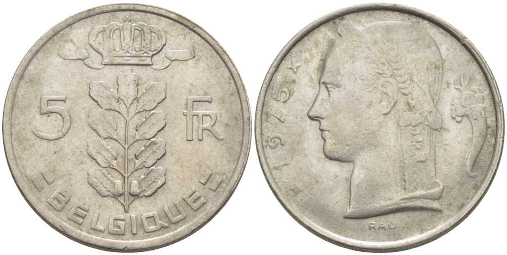 БЕЛЬГИЯ 5 ФРАНКОВ 1975 BELGIQUE, БОДУЭН I (1951-1993) KM 134.1 медно-никель 119-736