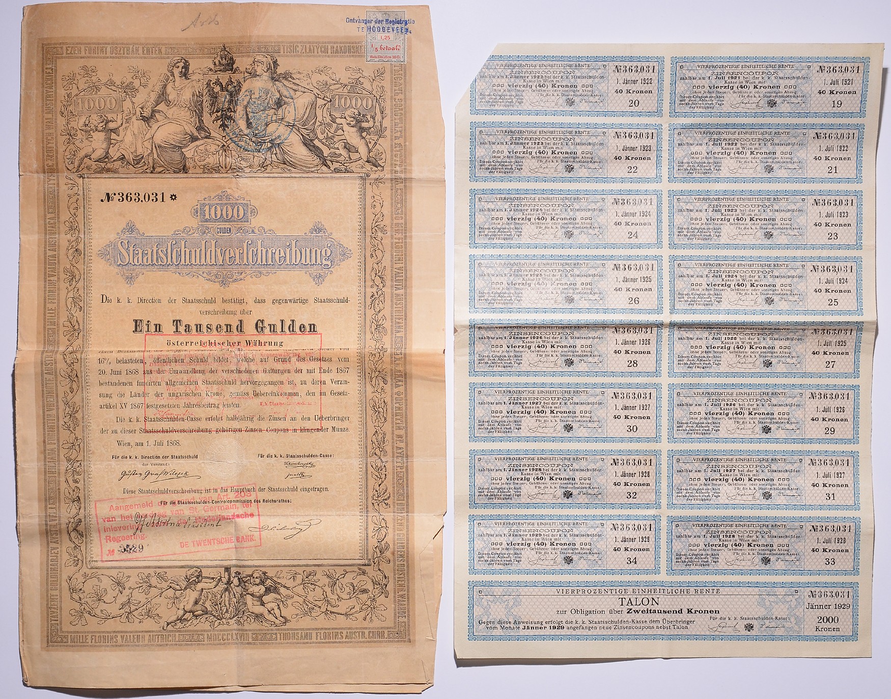 АВСТРО-ВЕНГРИЯ ДОЛГОВОЕ ОБЯЗАТЕЛЬСТВО НА 1000 ГУЛЬДЕНОВ 1868 бумага 5518-3