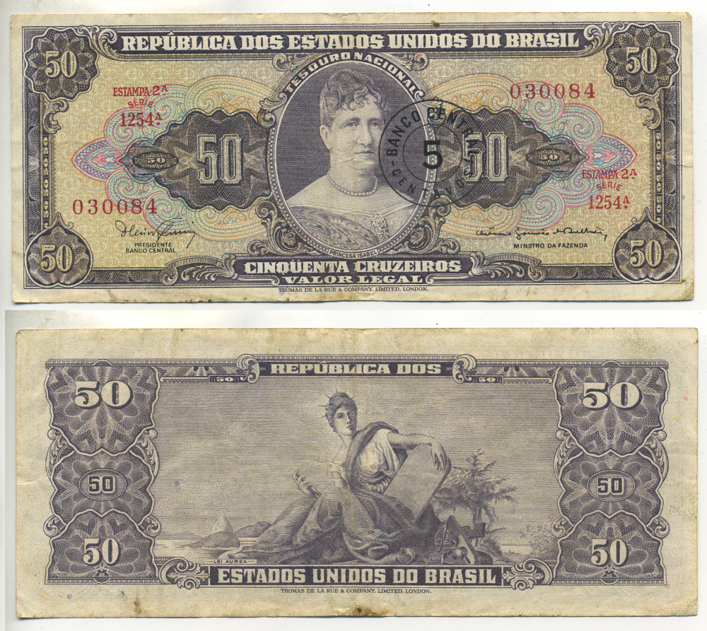 БРАЗИЛИЯ 5 ЦЕНТАВО 1966 НАДПЕЧАТКА НА 50 КРУЗЕЙРО Pick 184a бумага 7548-87-2