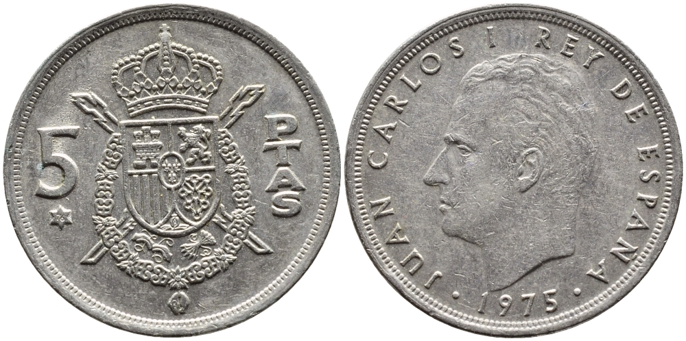ИСПАНИЯ 5 ПЕСЕТ 1975 (76) ХУАН КАРЛОС I KM 807 медно-никель 4393-236