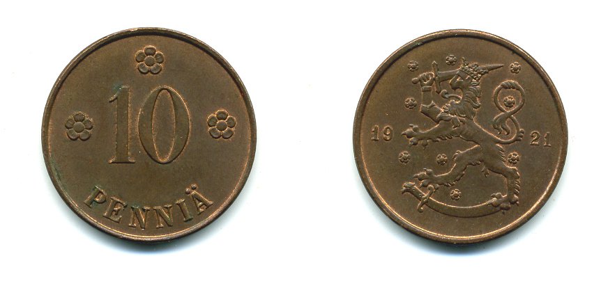 Финляндия 10 пенни 1921 республика (1918-1962) KM 24 медь 46-332