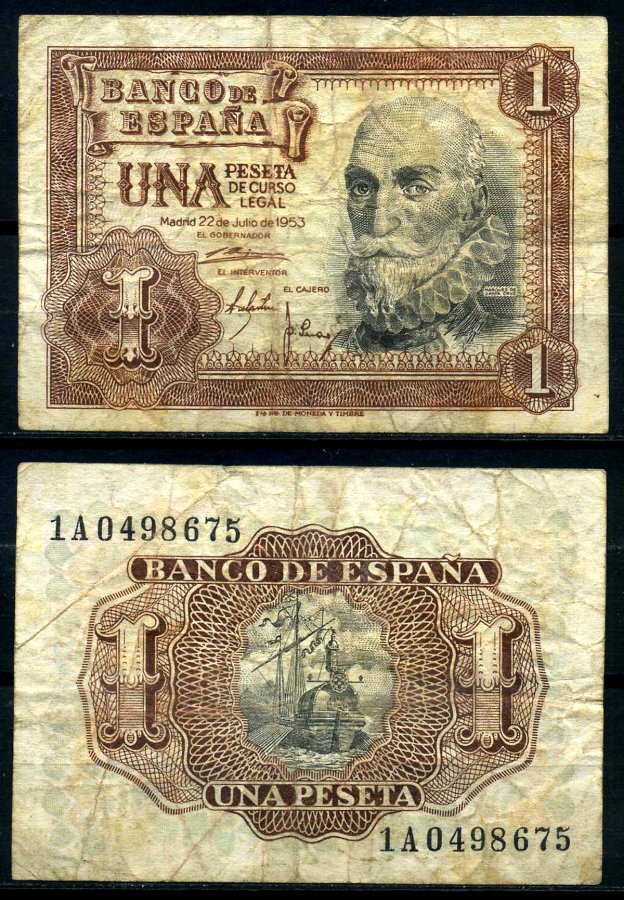 Испания 1 песета 1953 22 июля 1953, Мигель де Санта Круз Pick 144а бумага 7207-38-3-2