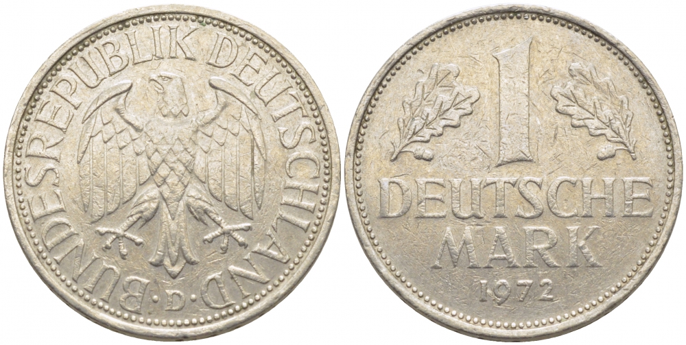 ФРГ 1 МАРКА 1972 D KM 110, J. 385 медно-никель 3856-123