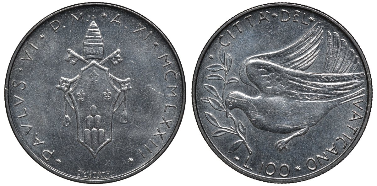 Ватикан 100 лир 1973 голубь, папа Павел VI (1963-1978) KM 122 нержавеющая сталь UNC 4579-645
