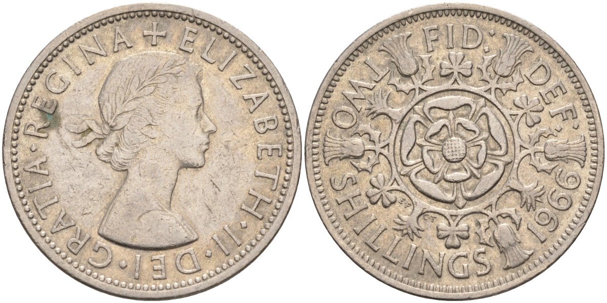 Великобритания 2 шиллинга (флорин) 1966 Елизавета II (1952-2022) KM 906, Spink 4146 медно-никель 189-421