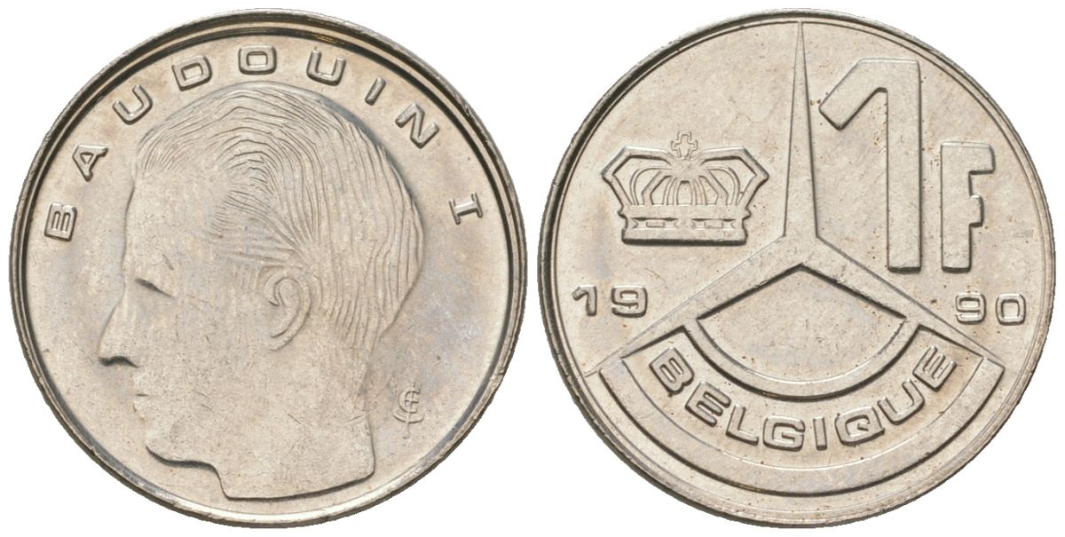 Бельгия 1 франк 1990 BELGIQUE, Бодуэн I (1951-1993) KM 170 нержавеющая сталь 4547-742