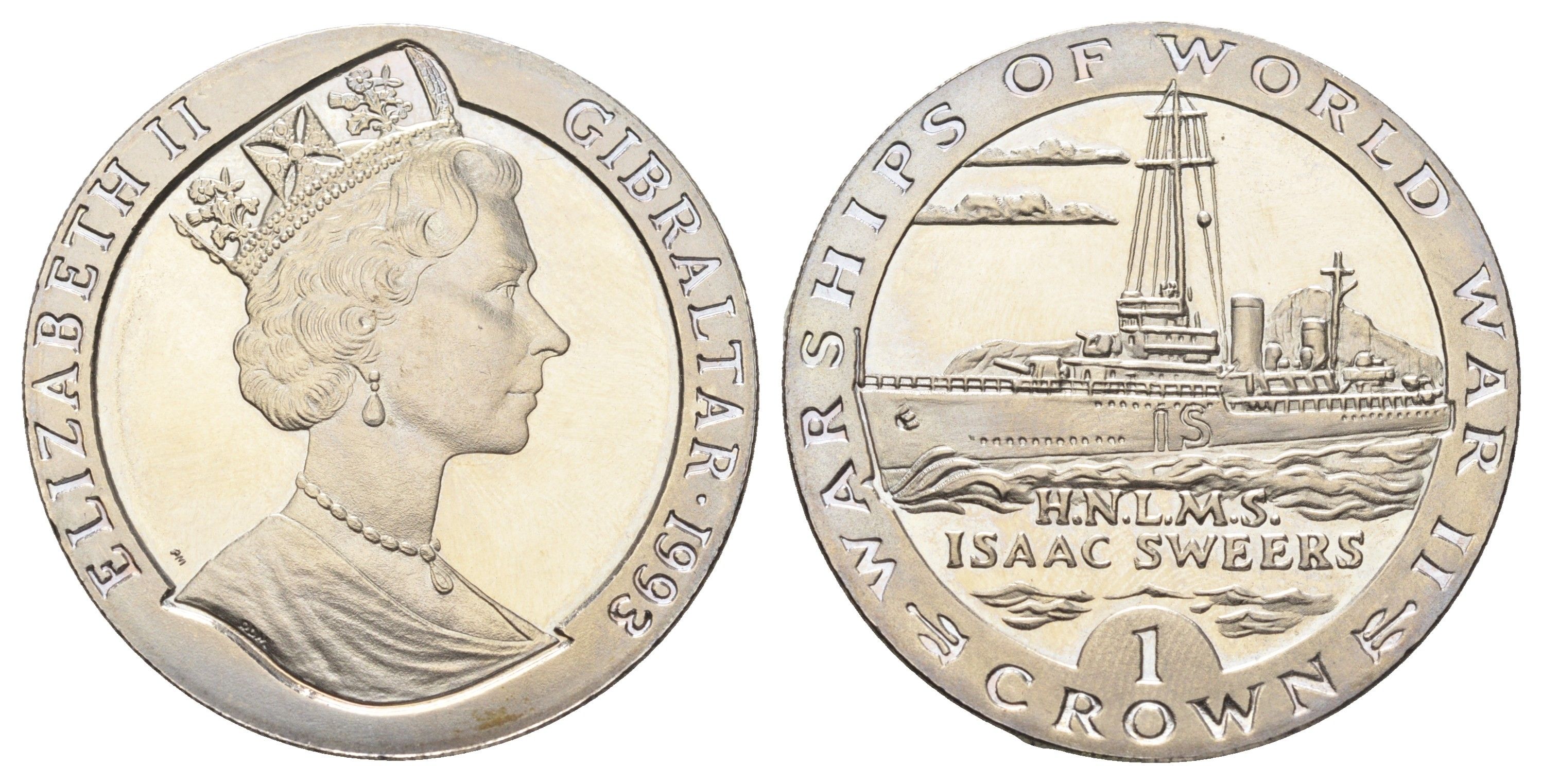 Гибралтар 1 крона 1993 Боевые корабли Второй мировой войны - H.N.L.M.S. Isaac Sweers KM 115 медно-никель BU 1078-2-14