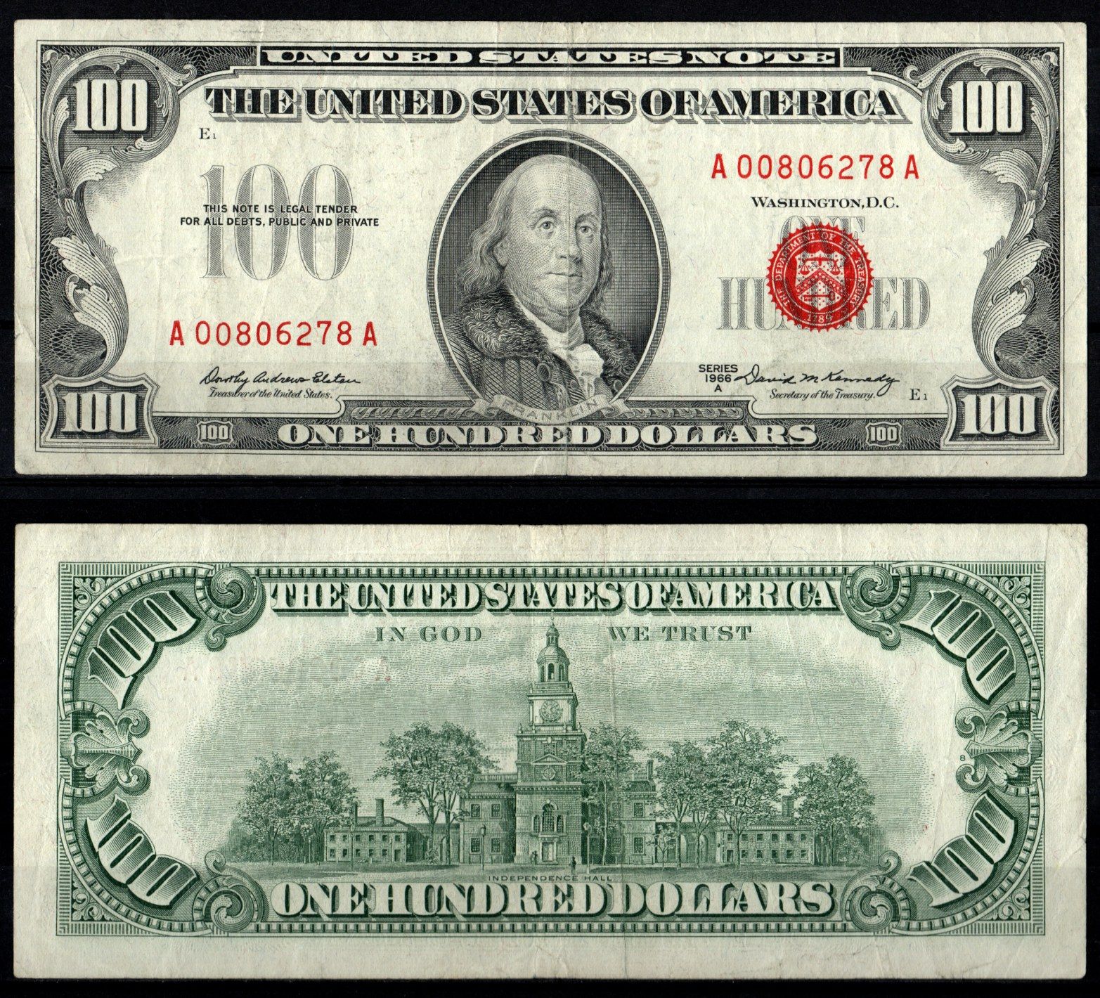 США 100 долларов 1966 Бенджамин Франклин. Зал независимости, Филадельфия, Пенсильвания.Подписи: signatures: Elston & Kennedy. Красная печать Pick 384 b, Fr. 1551 бумага 451-1275-1