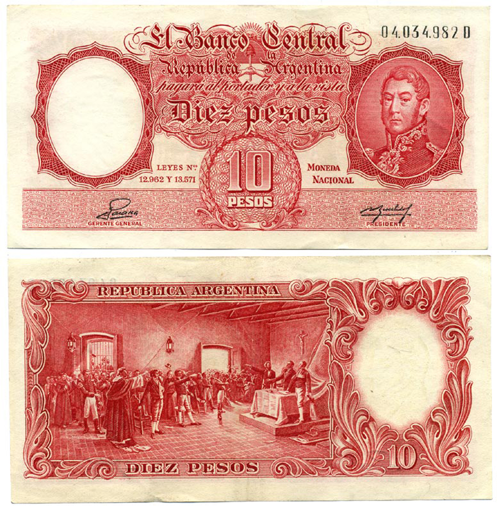 Аргентина 10 песо ND (1954-1968) СЕРИЯ D, НОМЕР 04034, ГЕНЕРАЛ САН МАРТИН, ПОДПИСИ JULIO M.L. PALAREA - MIGUEL REVESTIDO Pick 270 b, Bottero 1948 бумага 8613-44-2-1